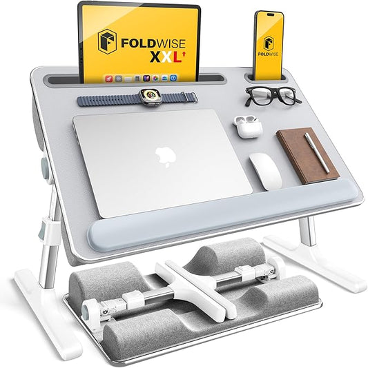 FoldWise 2-in-1 Lap & Bed Desk with Soft Cushions - Adjustable Height & Angle, Foldable Laptop Stand for Bed & Couch - Wrist Rest, iPad Holder, Stopper & Non-Slip Leather - Bed Table for Adults & Kids