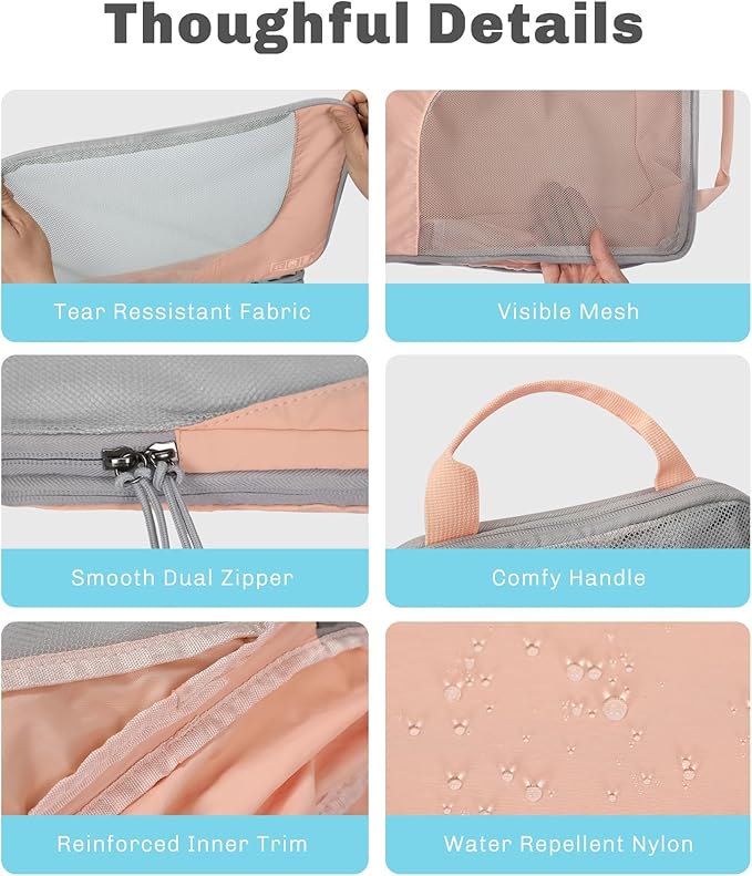 Hynes Eagle 6 Set/ 4 Set/ 2 Set Compression Packing Cubes Travel Essentials Lightweight Nylon Luggage Suitcase Organizer Bag Light Pink 4PCS