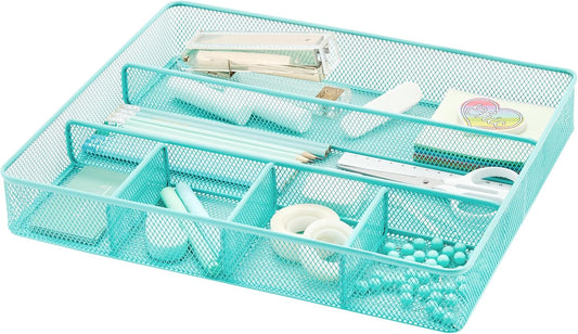 Annova Desk Top Organizer Tray for Office Organization - Metal Mesh - Storage Tray with Dividers for Pens, Desktop Accessories, Bathroom, Kitchen, Makeup and Office Supplies (Large, Turquoise)