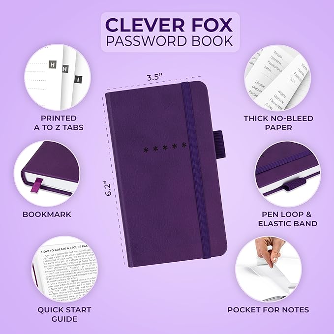 Clever Fox Password Book – Alphabetized Internet Address & Password Organizer - Computer & Website Password Keeper Notebook – Log-In Password Journal – Pocket, 6.2x3.5″, Hardcover (Purple)