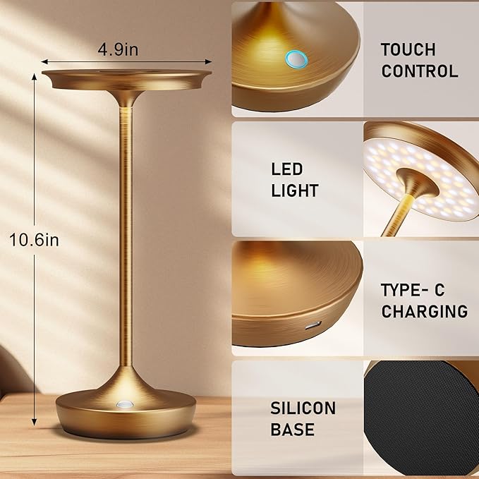 2 Pack LED Rechargeable Cordless Table Lamps, Portable Outdoor Battery Operated Table Light 3 Color Stepless Dimming Table Lamp with Memory Function for Patio Restaurant Dining Room Bronze