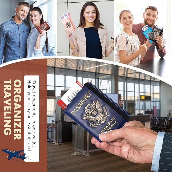 2 Pcs Passport Holder for Travel Card Slot Combo RFID Blocking Leather Family Passport Wallet Travel Accessories for Men Women (Blue and black)