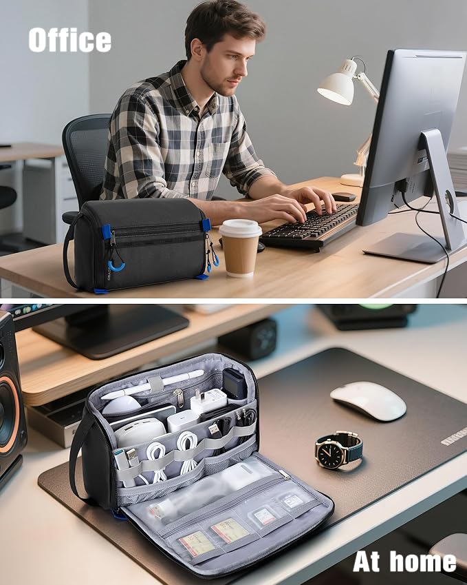 Electronics Organizer Travel Case, Water Resistant Tech Bag Charger Pouch for Cord, Cable, Cards, Phone, Airpods, Black