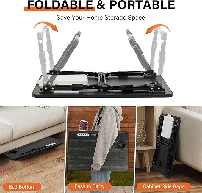 Laptop Desk for Bed Height Adjustable, Lap Bed Table with USB/Storage Drawer/Cup Holder/Tablet Stand/Book Shelf, Foldable Breakfast Tray Portable for Reading Writing, Sofa & Floor, Black