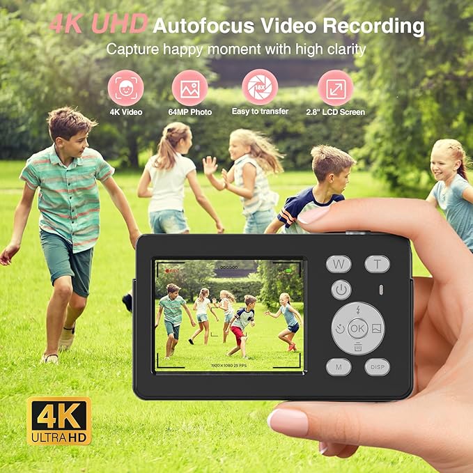 Digital Camera for Photography and Video, FHD 4K Kids Camera 64MP Point and Shoot Digital Vlogging Cameras with 32GB SD Card for Beginners Teen Girls Boys Gifts