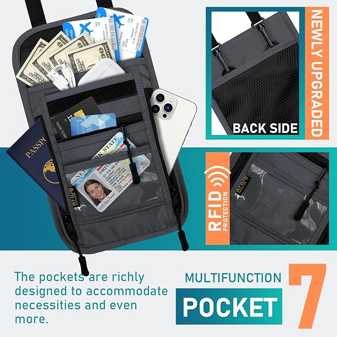 sundee Travel Neck Wallet with Double Zippers, RFID Blocking Passport Holder with Adjustable Neck Strap to Keep Cash, Credit Cards and Travel Documents Safe - Dark Gray