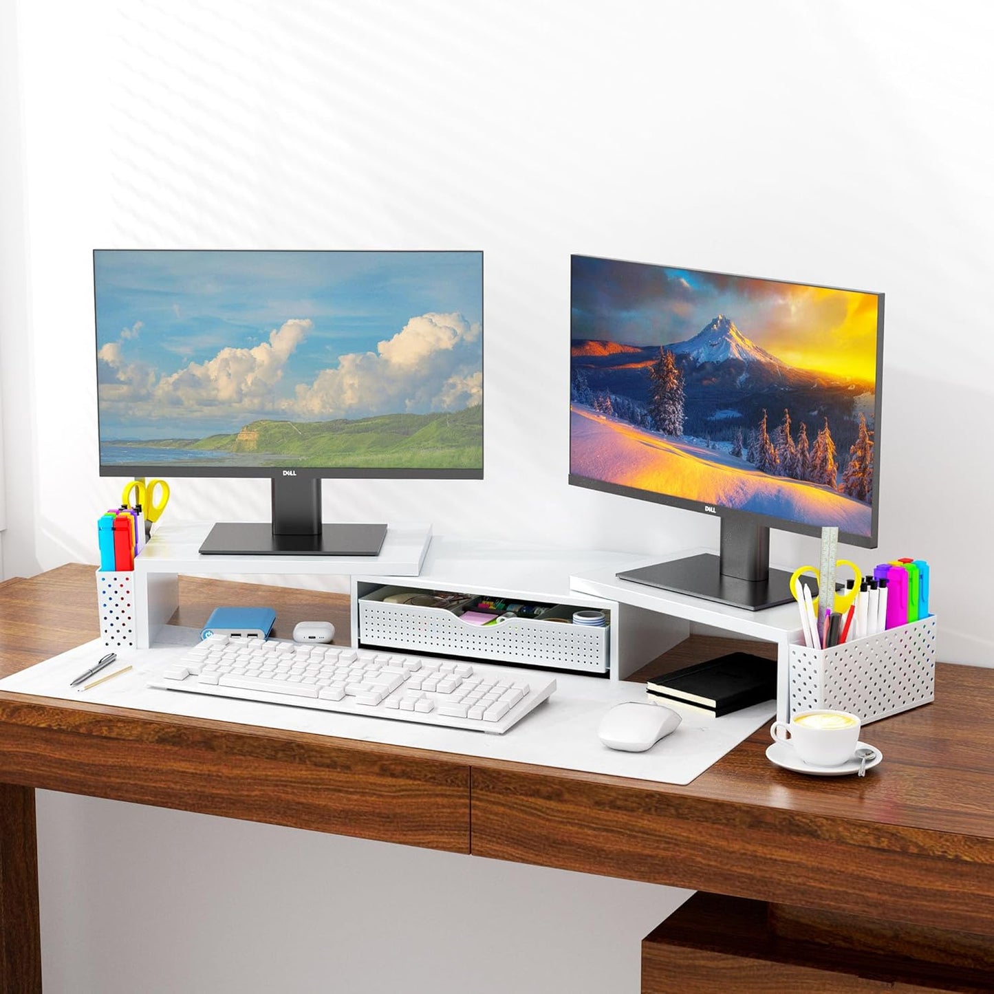 Spacrea Metal Desk Organizers and Accessories, Dual Monitor Stand Riser with Drawer and 2 Pen Holders, Desk Accessories & Workspace Desktop Organizers for Office Supplies (White)