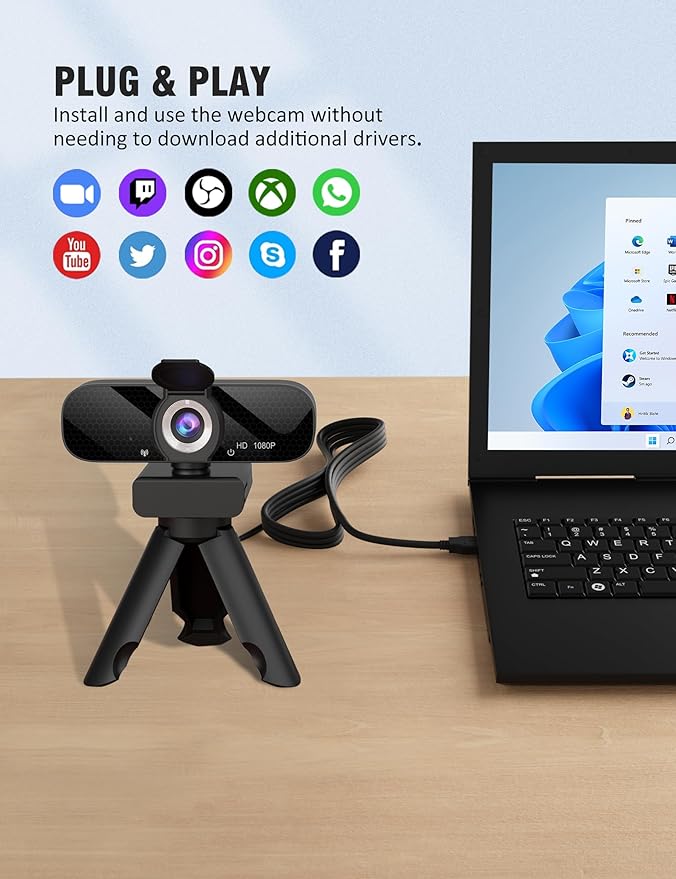 1080P Webcam with Microphone and Rotatable Tripod Wide Angle Camera for Desktop PC or Laptop Computer,Plug and Play, for Zoom/Skype/Teams, Conferencing and Video Calling