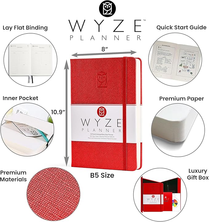 Undated Daily Planner – 1-Year B5 Productivity Organizer with Two-Page Weekly Spread, Goal Setting, Habit Tracker, Weekly & Monthly Pages – Hardcover Time Management Notebook (Red)