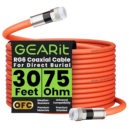 GEARit Coaxial Cable for Direct Burial (30ft) RG6 70 Ohm RF Rubber Boot Waterproof Underground in-Wall with Rubber Boot, High-Speed Internet, Broadband, Digital TV Aerial, Satellite Cable 30 Feet