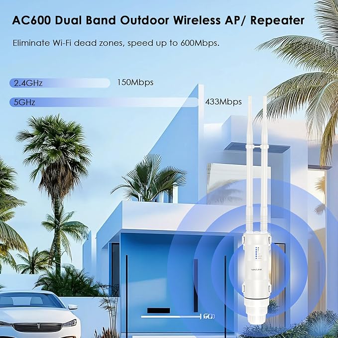 WAVLINK AC600 Outdoor Long Range Weatherproof WiFi Extender/Wireless Access Point with Passive POE, Dual Band 5G+2.4G, 2x7dBi Omni Directional Antennas,Supports Router/AP/Repeater/WISP Modes