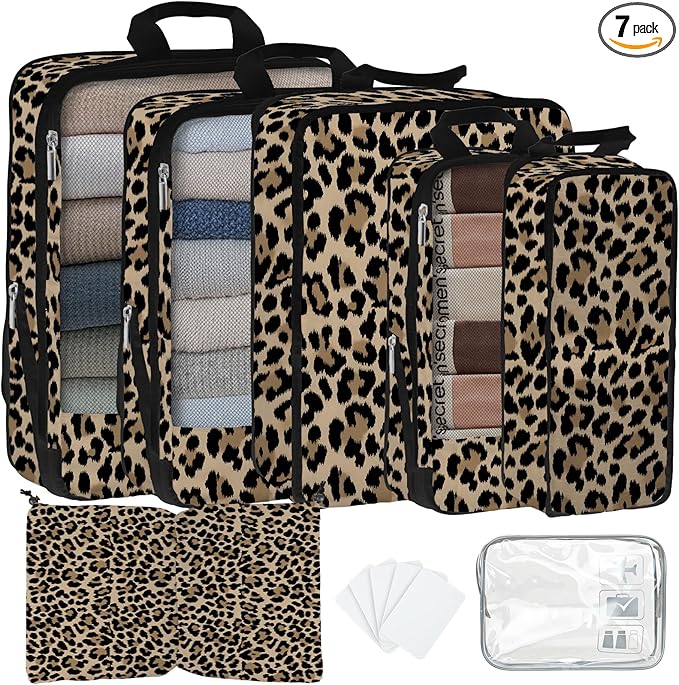 7 Pcs Compression Packing Cubes for Travel, Waterproof Suitcase Luggage Backpack Organizer with Toiletry Bag Travel Essentials for Women/Men-Leopard