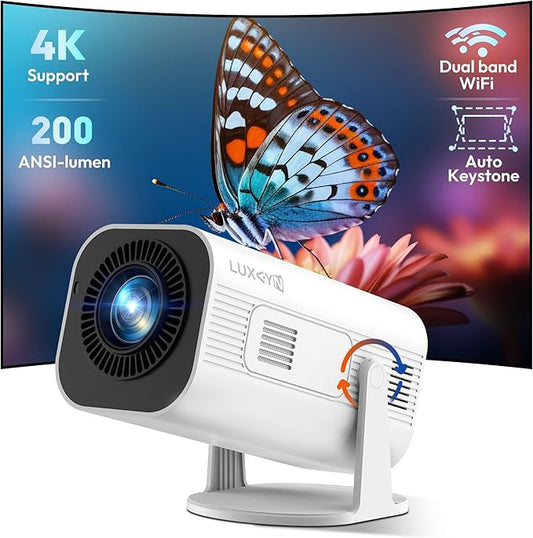 Mini Smart Projector LUXVYN V1 Portable Projector with WiFi and Bluetooth 200 ANSI 4K Support HD Resolution, Auto Keystone Correction Video Projector, 180° Rotatable Stand for Home Movie Pure white