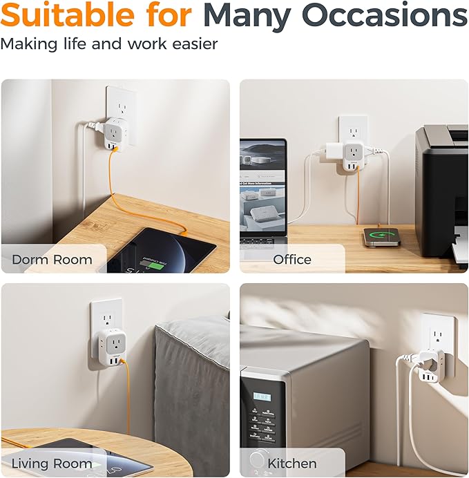 TESSAN USB C Charger Block 20W PD, Fasting Charging Electrical Outlet Extender with 4 Box Splitter and 3 USB Ports, 4 Side Multi Plug Wall Outlet for Cruise Home Office Dorm Room