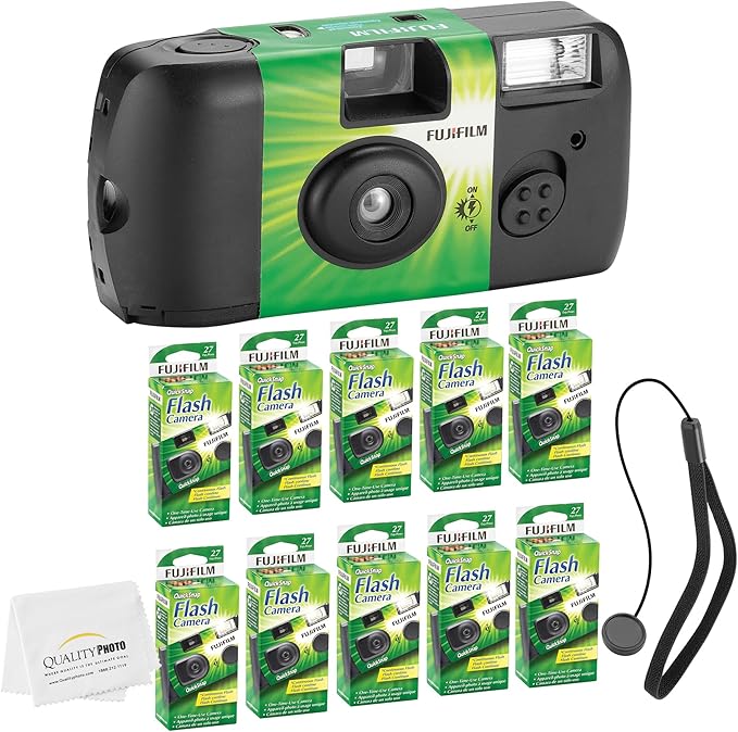 Fujifilm QuickSnap Flash 400 Disposable 35mm Camera + Hand Strap + Quality Photo Microfiber Cloth (10 Pack)