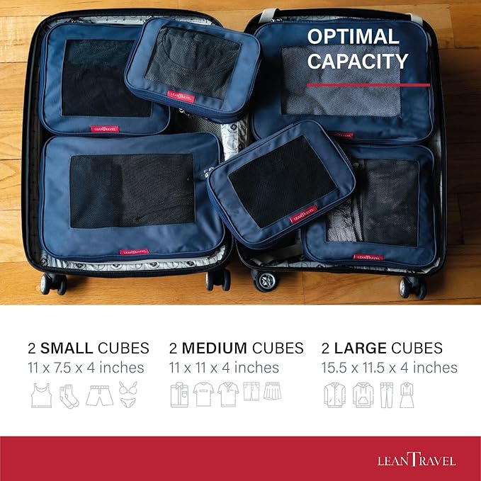 LeanTravel Compression Packing Cubes for Travel Organizers with Double Zipper (6-Pack (2L+2M+2S), Navy)