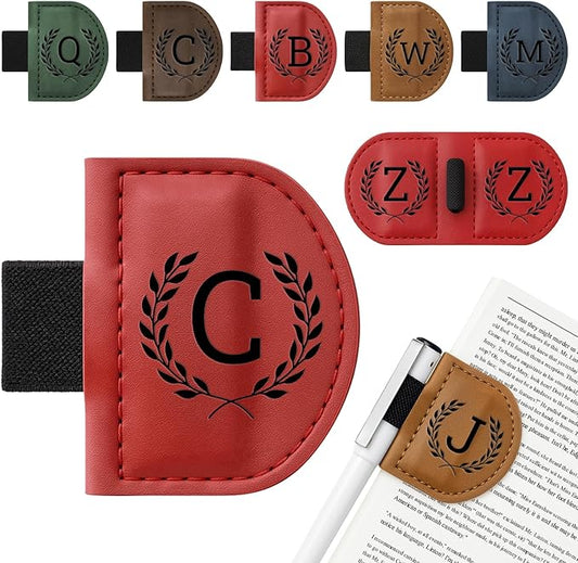 Personalized Bygone Mark Bookmark with Pen Holder,Engraving Leather Magnetic Bookmarks Vintage 26 Letters Name Initials Text Book Marker Clips Gifts for Reading Book Lovers Women (Red, C)