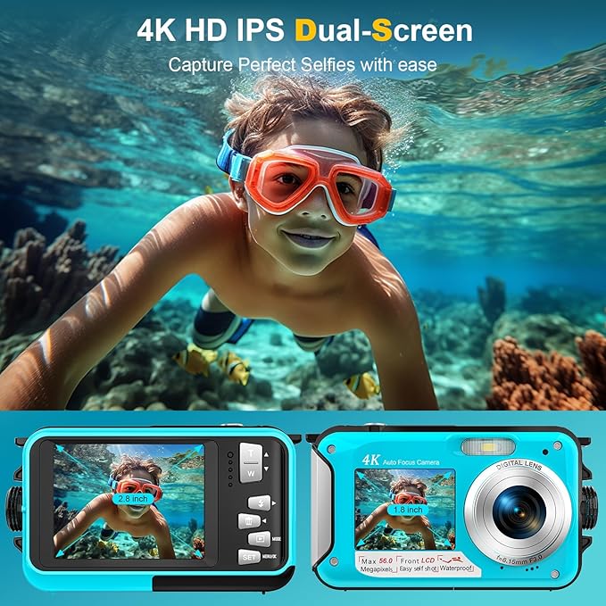 4K Underwater Camera 56MP Autofocus 16FT Waterproof Camera Dual-Screen Selfie 16X Underwater Camera for Snorkeling Waterproof Compact Floatable Digital Camera with 32GB Card
