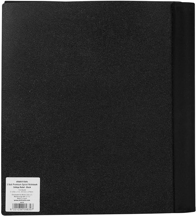 Mintra Office Durable PREMIUM Spiral Notebook, ((Black, 3 Subject, 8.5in x 11in)), Fabric Covered Coils, No Snags, Removable Adjustable Pocket Dividers, Ruler, Organization, Customizable
