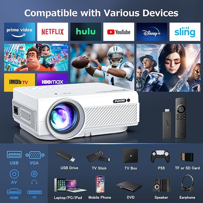 Projector with WiFi and Bluetooth, FUDONI 5G WiFi Native 1080P Outdoor Projector 15000L Support 4K, Portable Movie Projector with Screen and Max 300", for iOS/Android/Laptop/TV Stick/HDMI/USB/VGA/TF