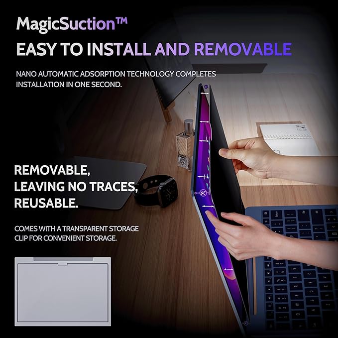 Privacy Screen for 12.4 Inch Surface Laptop Go 3/2/1, MagicSuction™ Removable Anti Spy Black Protector, Glare Blue Light Filter for Microsoft Laptop Computer Monitor