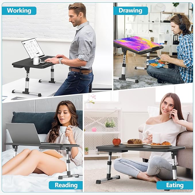 Slendor Laptop Desk Adjustable Laptop Stand Foldable Bed Table Portable Lap Desk Folding Notebook Stand Reading and Writing Holder Breakfast Tray with Drawer and Cooling Fan for Bed Couch Sofa Floor