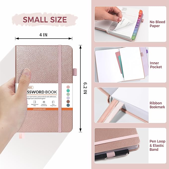 SUNEE Password Keeper Book with Colorful Alphabetical Tabs, Small Pocket Password Book for Internet Website Address Login, Gifts for Home and Office, 4''x 6''- Rose Gold