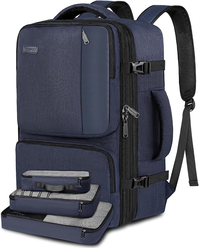 Vancropak Carry on Backpack, 47L Expandable Extra Large Travel Backpack with 3 Packing Cubes, Flight Approved Water Resistant Luggage Suitcase Weekend Duffle Bag Overnight Daypack for Men Women, Blue