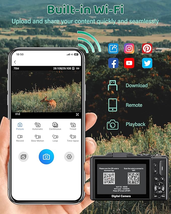 5K Digital Camera - WiFi 75MP Cameras for Photography - UHD Vlogging Camera for YouTube with 3" 180° Flip Screen - Autofocus Compact Video Travel Camara with 18X Zoom, 32GB SD Card, 2 Batteries