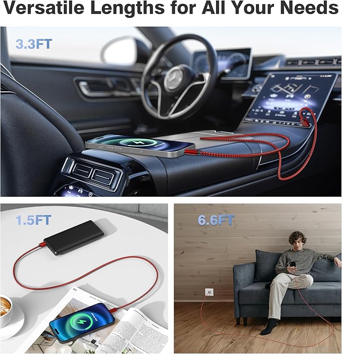 Elebase for Google Pixel 10 USB C Car Charger Cable 3 Pack 1.5/3.3/6.6FT,USBC Charging Cord for Pixel 9 XL Fold 8A,Moto Razr 50 60 Pro Ultra,Amazon Fire Max 11 Kindle Paperwhite 5 Kids,Nintendo Switch