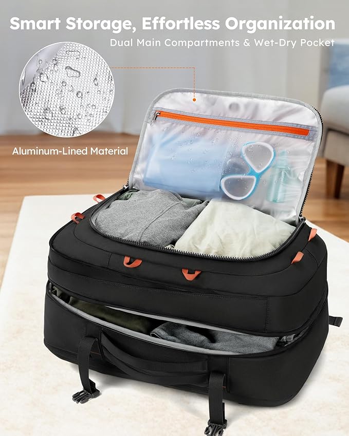 Tolaccea Travel Laptop Backpack, TSA Flight Approved Carry On Travel Duffel Backpack, Dual Laptop Storage for 17.3" and 15.6" Laptop, Large Luggage Backpack 40-45L Expandable for Men Women (Black)