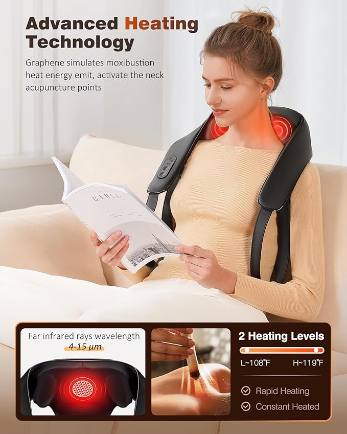 Neck and Shoulder Massager with Heat, Cordless Back and Neck Massager, Upgraded Graphene Heating, 4D Shiatsu Deep Kneading Massage for Shoulder, Back,Leg,Pain Relief, Portable Gifts for Dad Mom Friend