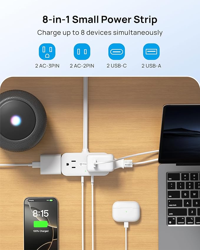 TROND Flat Plug Power Strip 3FT, Small Flat Extension Cord with Multiple Outlets, 4 AC and 4 USB Ports (2 USB C), Wall Mount 900J Surge Protector for Home Office Travel Dorm Room Essentials, White