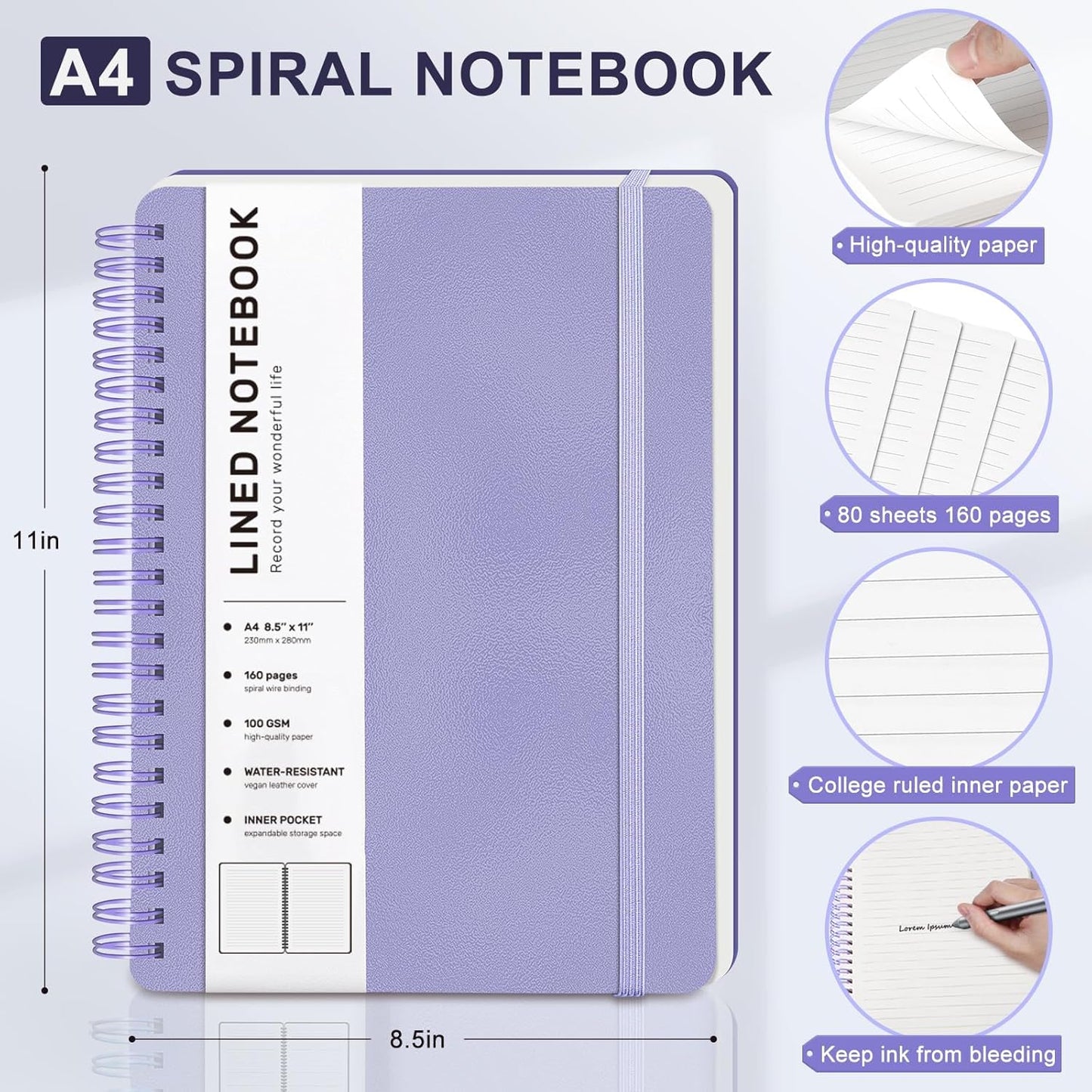 Lined Spiral Journal Notebook, A4 Hardcover Leather Notebook for Work, 8.5''×11'', 100GSM Thick Paper Spiral Bound Journaling Notebooks for Women & Men Office School Note Taking Business, Purple