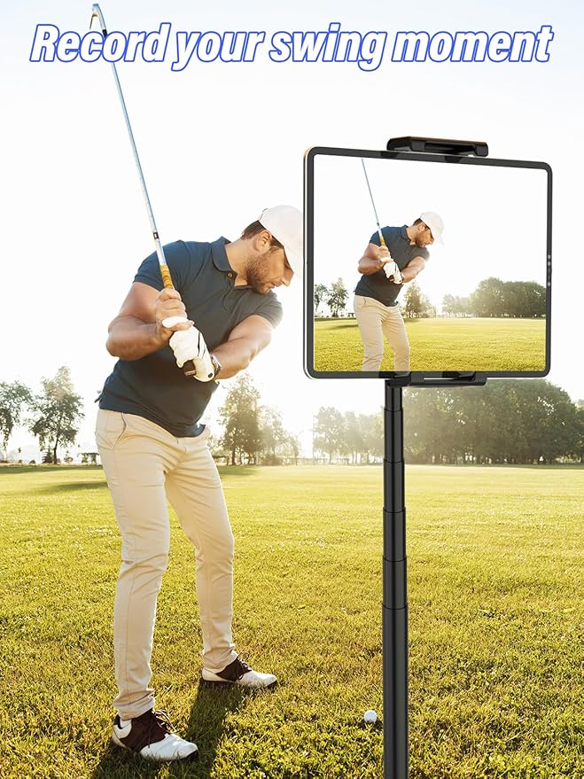 Golf Swing Recording Tablet Holder with Heavy-Duty Spike Stake, Thick Case Friendly Monopod Stand for iPad Pro/Air/Mini, Galaxy Tab (6-15.6"), iPhone - Anti-Fall Design for Outdoor Training
