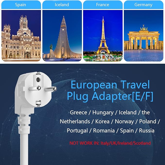 BESTEK European Travel Plug Adapter, Power Strip with USB C PD 20W and 3 USB Ports, 3 Side Wide Outlet Extender, 5ft EU Extension Cord, Detachable Base, Mountable Power Cube