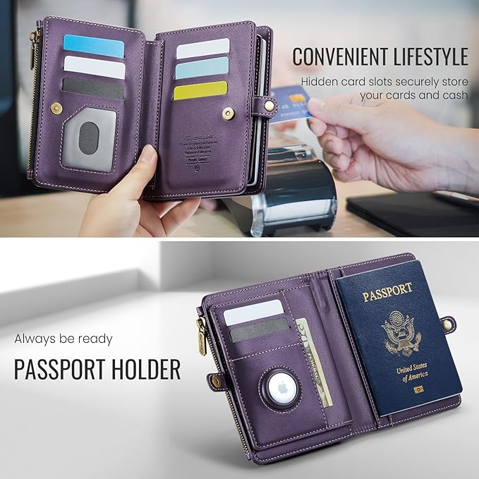 Passport Holder Wallet Bag with AirTag Holder, 11 Card Slots and Passport Solt Cash Solt Photo Solt Zipper Pocket, RFID Blocking Wristlet Strap.Purple