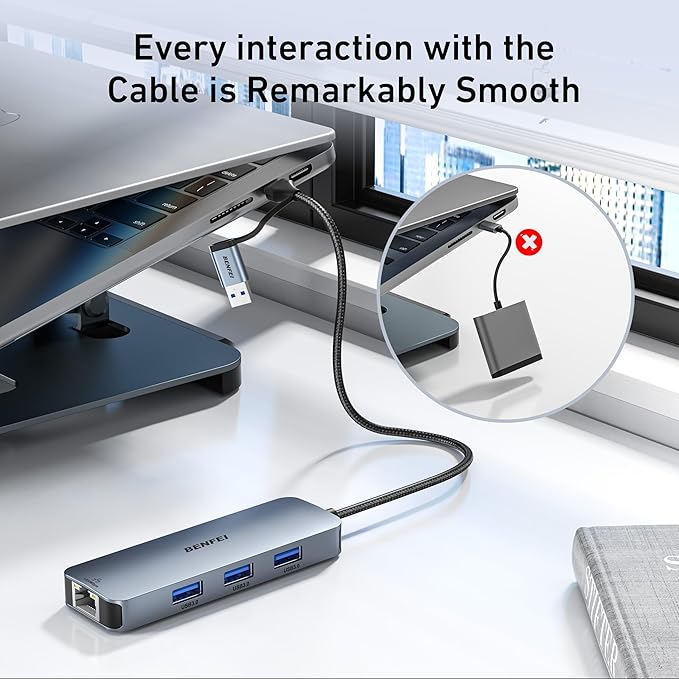 BENFEI USB-C USB 3.0 to Gigabit Ethernet Adapter, 3-Port USB 3.0 Hub with RJ45 Compatible with MacBook Pro/Air 2023, iPad Pro, iMac, S23, XPS 17, Surface Book 3 and More