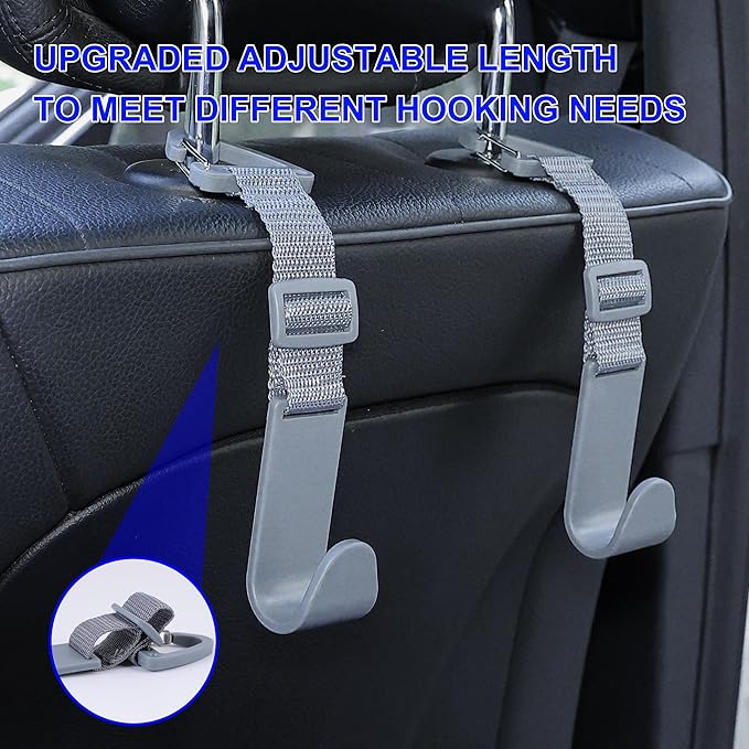 Amooca Headrest Hooks for Car Adjustable 4 Pack Vehicle Seat Back Organizer Storage Hanger Holder for Purse Bags Universal Fit with Clip Gray