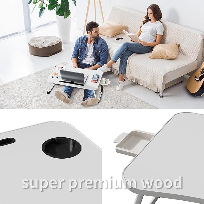 Lap Desk Bed Trays for Eating and Laptops Breakfast in Bed Tray for Sofa/Couch/Study/Reading/Writing with Cup Holder/Drawer On Low Sitting Floor Large Portable Foldable (White)