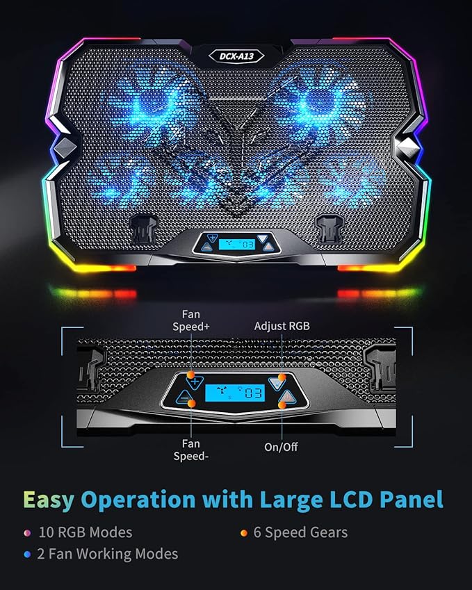 KeiBn Upgrade Laptop Cooling Pad A13,RGB Lights Laptop Cooler 6 Fans for up to 15.6 Inch Laptops,10 Modes Light, 7 Height Stands, 2 USB Ports - Blue
