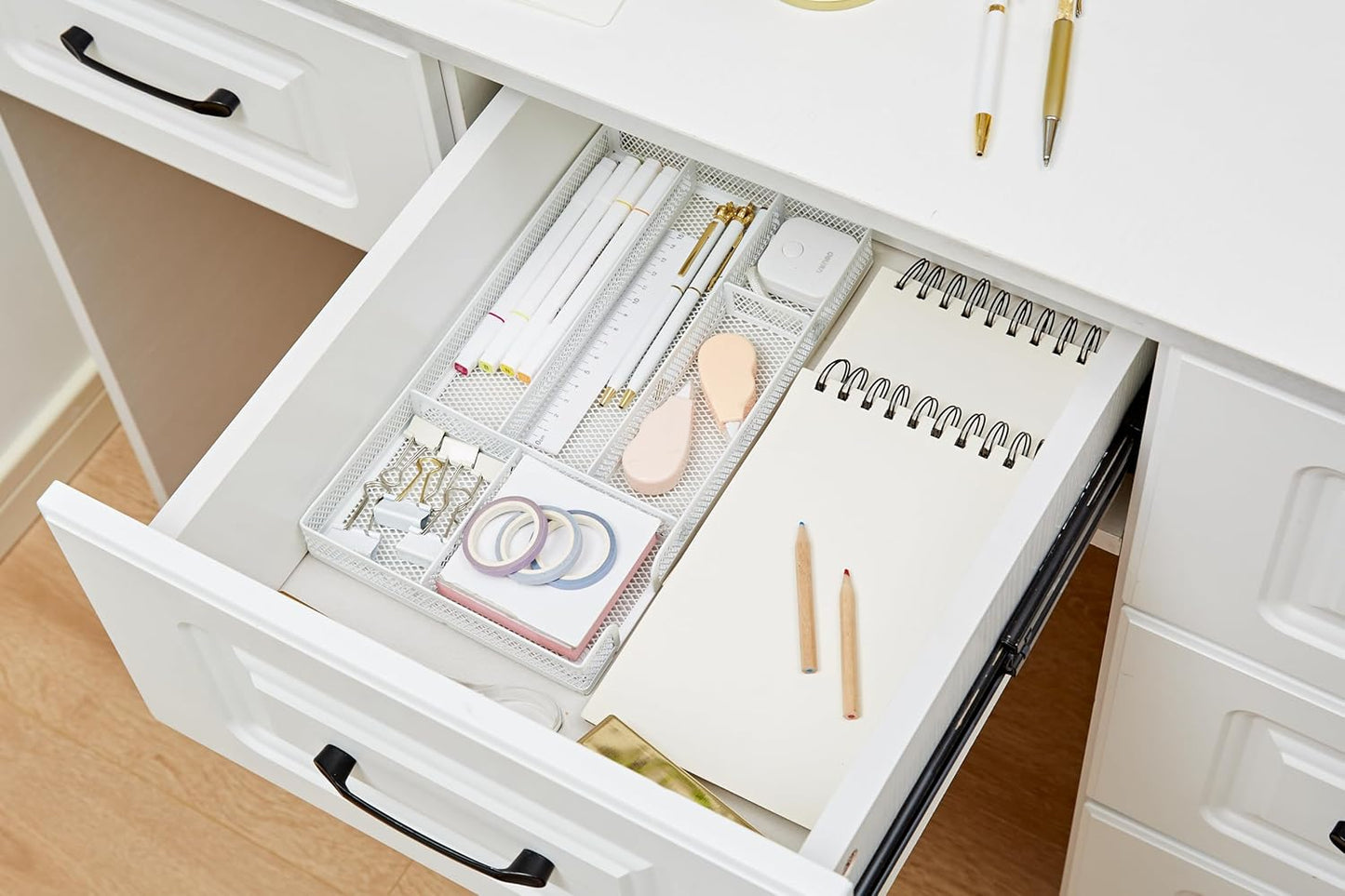 Annova Desk Drawer Organizer Tray for Office Organization - Metal Mesh - Storage Tray with Dividers for Pens, Desktop Accessories, Bathroom, Kitchen, Makeup and Office Supplies (Small, White)