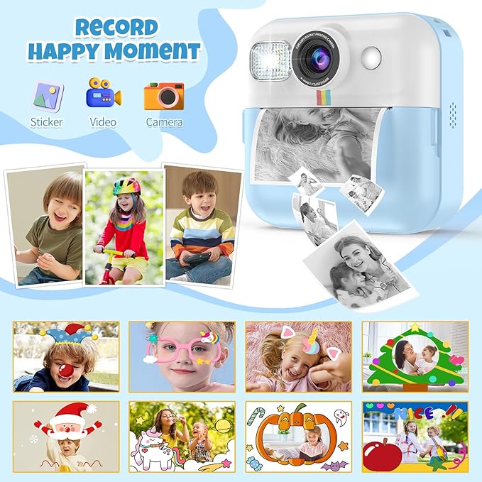 Kid Camera for Boys,Portable Toddler Blue Printing Camera Toy 1080P Video Cameras Children Instant Print Camera for Kids 3 Print Paper & 32G Card Christmas Birthday Gifts（Blue）