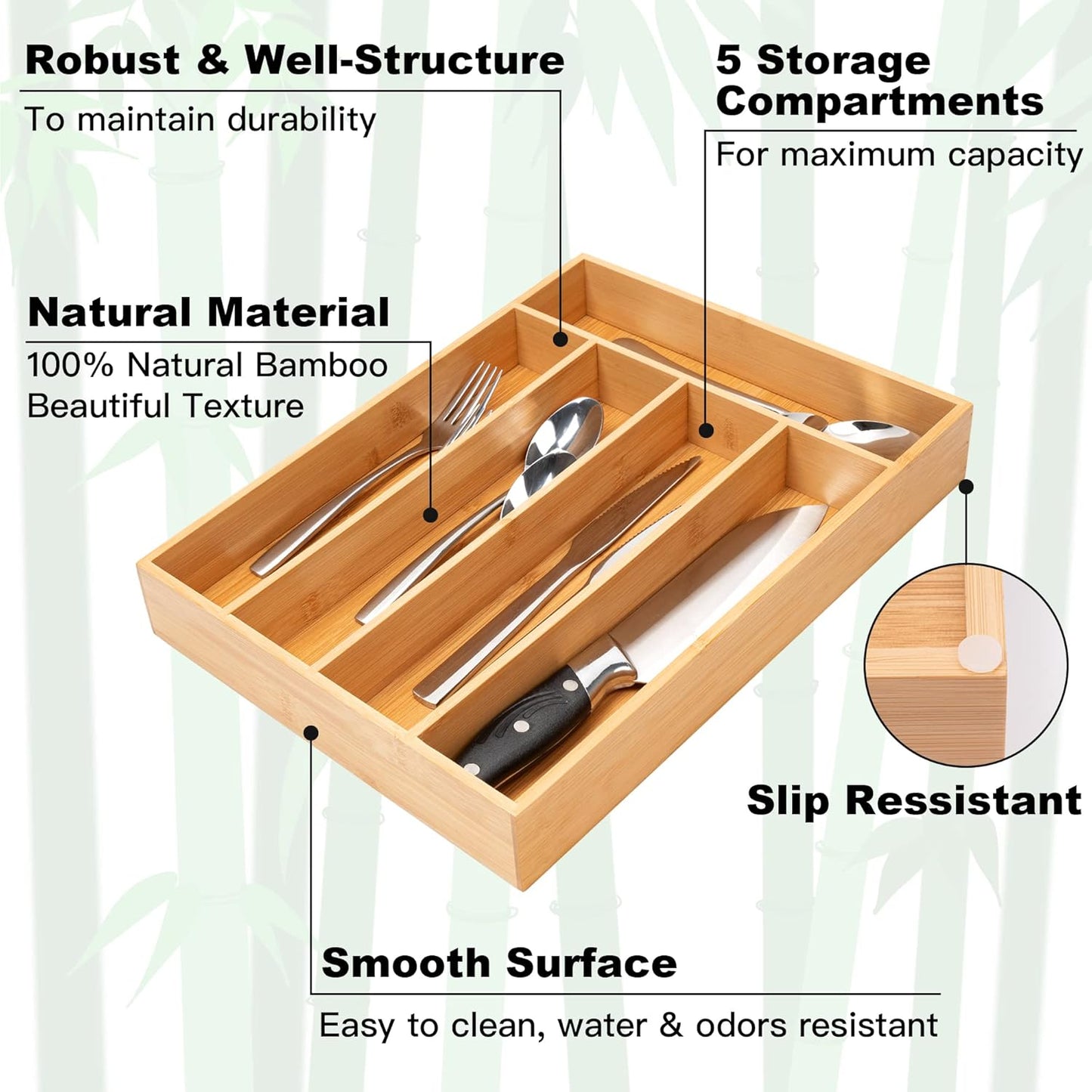 Silverware Organizer Bamboo Kitchen Drawer Organizer Utensil Organizer Silverware Holder Cutlery Organizer in drawer Flatware Organizer Tray (Natural 5 Slots)