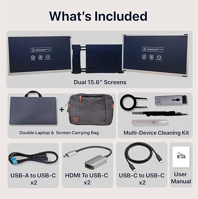 ELK 15.6" Dual Laptop Screen Extender - Laptop Bag & Cleaning Kit Included - FHD 1080P IPS - Detachable & Adjustable Monitor Extender - with Speakers - Compatible with Mac/Android/Win