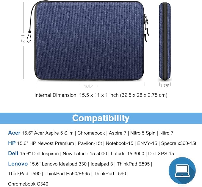 FINPAC 15.6-inch Hard Laptop Sleeve Case Compatible with 15.6 Inch Acer Aspire, Shockproof Computer Carrying Case for HP Dell Razer Samsung Laptop Chromebook, Navy