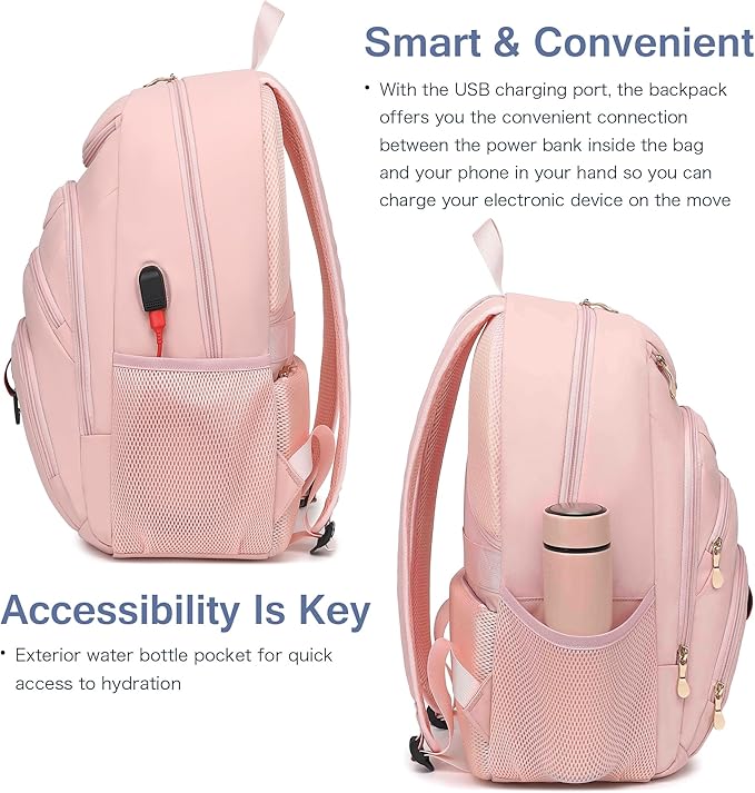 Boavan Laptop Backpack for women, 15.6 inch Laptop Bag with USB Port, Waterproof Travel Work Backpack Purse, Anti-Theft Teacher Nurse Doctor Casual Bookbags Office Business backpack，Pink