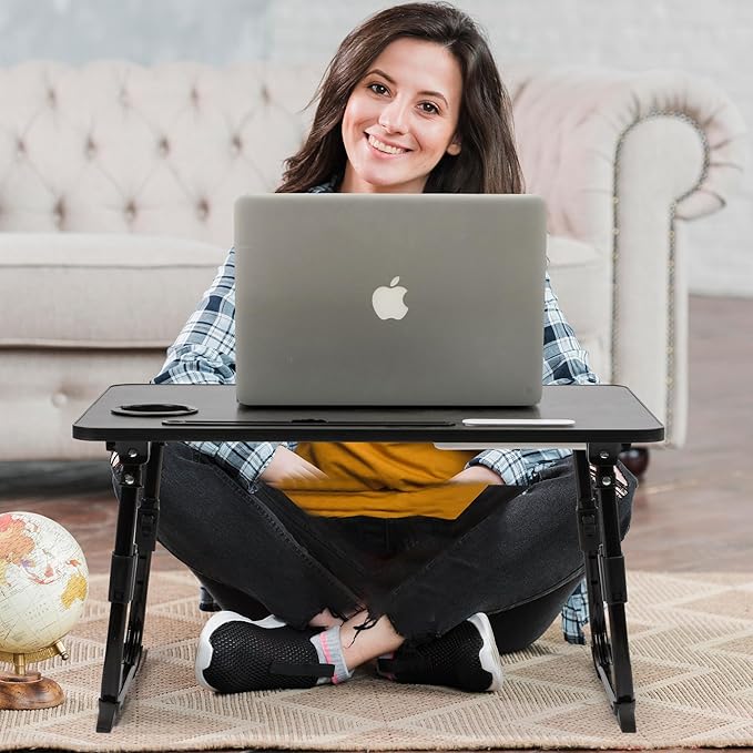 Laptop Desk for Bed Height Adjustable, Lap Bed Table with USB/Storage Drawer/Cup Holder/Tablet Stand/Book Shelf, Foldable Breakfast Tray Portable for Reading Writing, Sofa & Floor, Black
