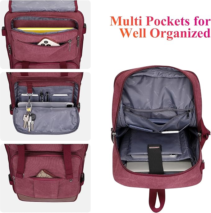 WITZMAN Canvas Travel Backpack for Women Large Laptop Backpack Fit 17 inch Carry-on Airline Approved Convertible Shoulder Rucksack(A6617-3 Red)
