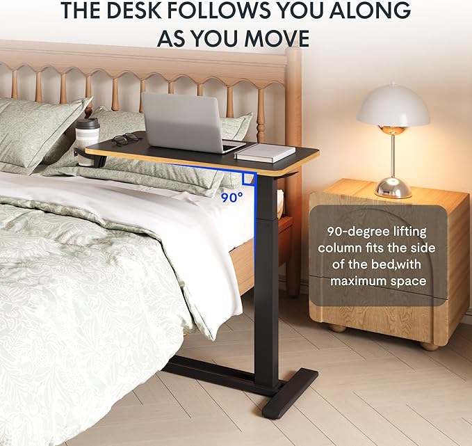 FLEXISPOT H7 Adjustable Overbed Bedside Table with Wheels Pneumatic Mobile Standing Desk Laptop Desk Rolling Computer Cart Movable Overbed Tables Hospital Home Use(27.6" W x 15.7" D, Black Maple)
